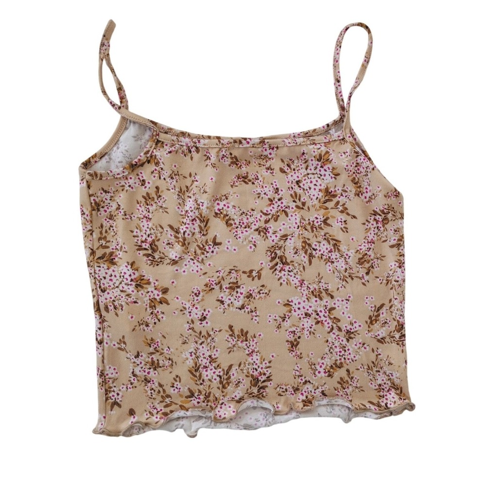 Gaze Y2K Coquette Floral Bow Camisole Tank Top Tan Pink Lettuce Hem S